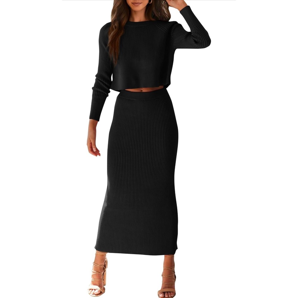 PRETTYGARDEN Ribbed Knit 2 Piece Set Women Medium Black Skirt and Sweater Top